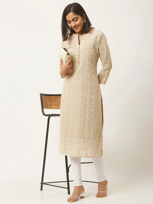 Beige Georgette Straight Kurta With Self Embroidered Designs