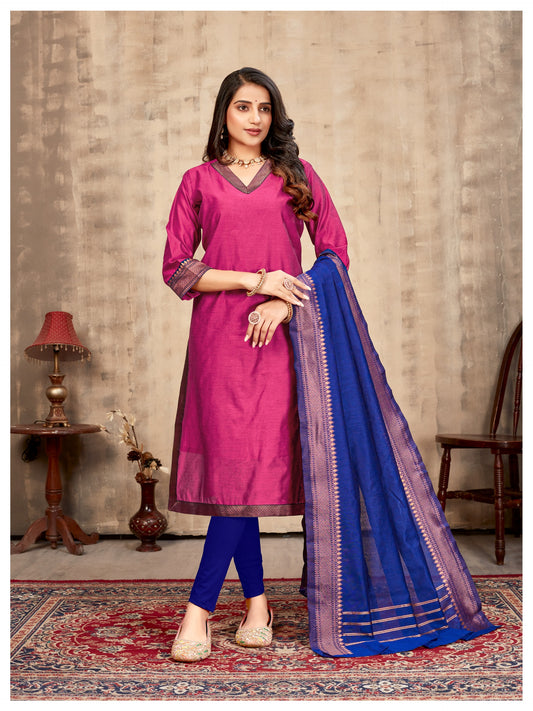 Magenta & Zari border Ethnic Cotton Kurta with dupatta