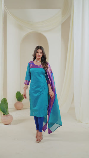 Royal blue Ethnic Cotton Kurta with dupatta