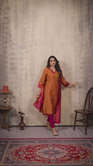 Orange & Zari border Ethnic Cotton Kurta with dupatta