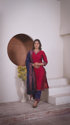 Red Meera Lace Border 3 Piece Silk Suit