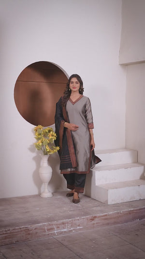 Grey Meera Lace Border 3 Piece Silk Suit