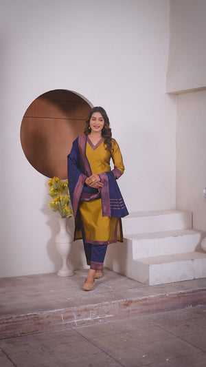 Mustard Meera Lace Border 3 Piece Silk Suit