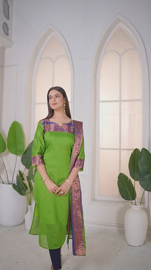 Green Ethnic Cotton Kurta with dupatta