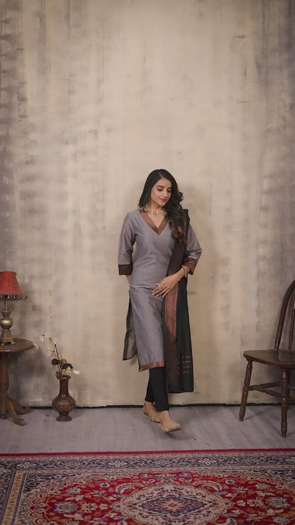 Grey & Zari border Ethnic Cotton Kurta with dupatta