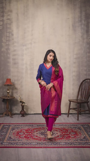 Navy & Zari border Ethnic Cotton Kurta with dupatta