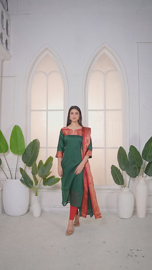 Dark Green Ethnic Cotton Kurta with dupatta