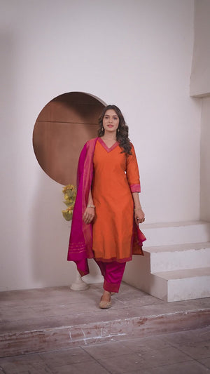 Orange Meera Lace Border 3 Piece Silk Suit