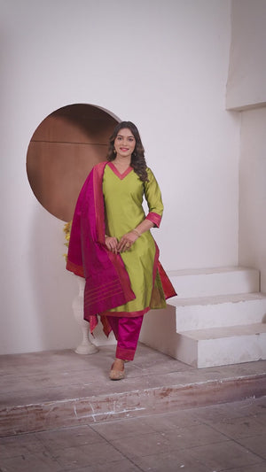 Green Meera Lace Border 3 Piece Silk Suit