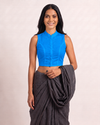 Royal Blue Sleeveless Front Open Classic Blouse photo 4