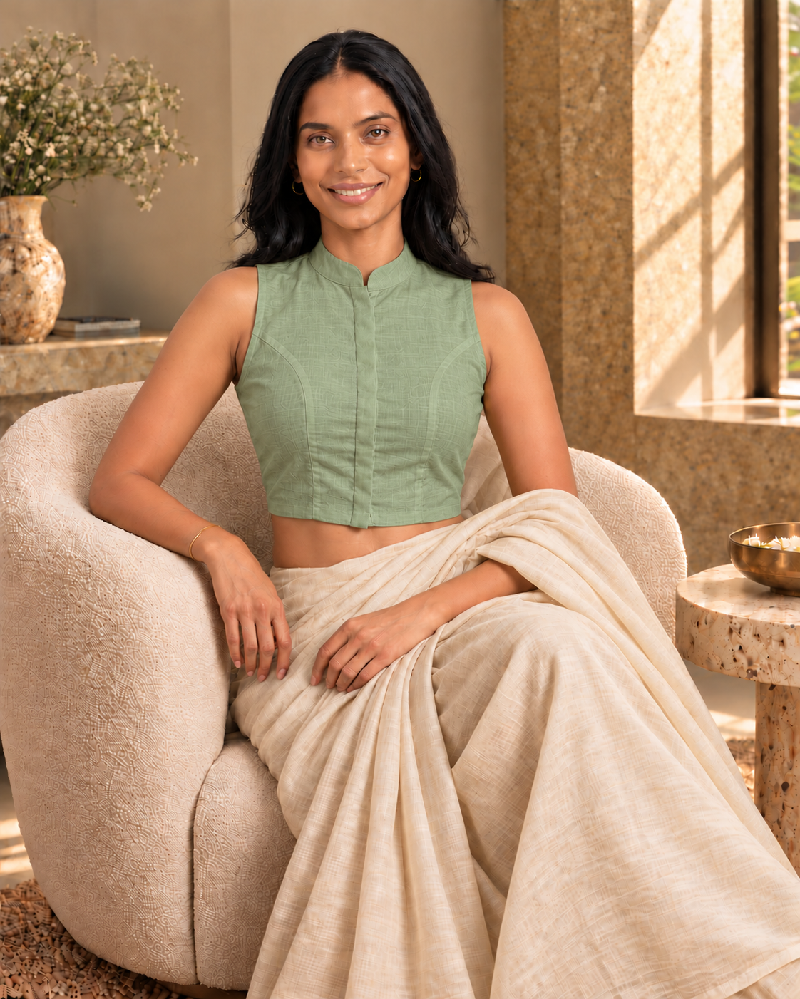 Sage Green Sleeveless Front Open Classic Blouse photo 7