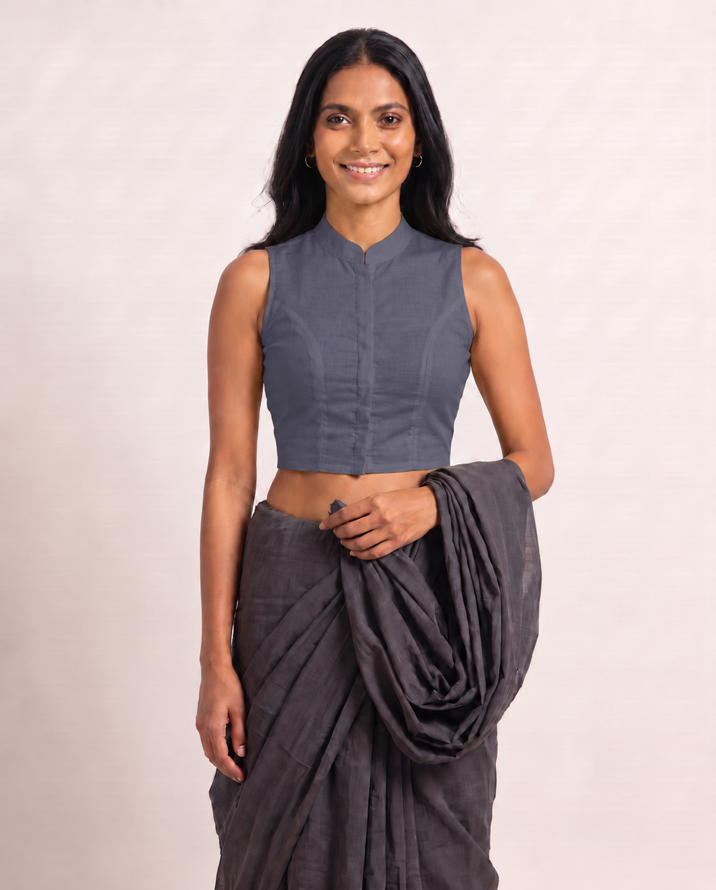 Slate Grey Sleeveless Front Open Classic Blouse photo 4