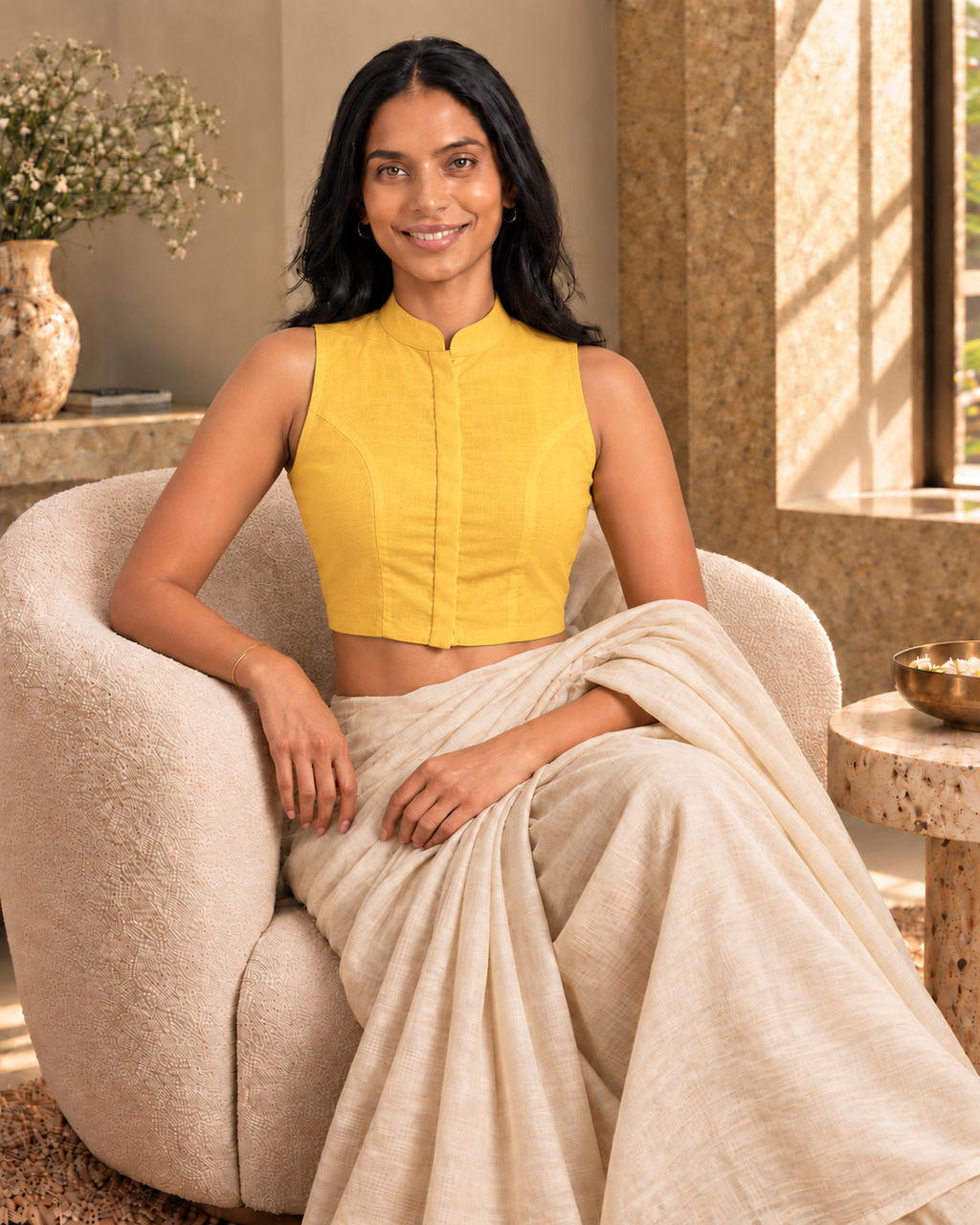 Sunshine Yellow Sleeveless Front Open Classic Blouse photo 7